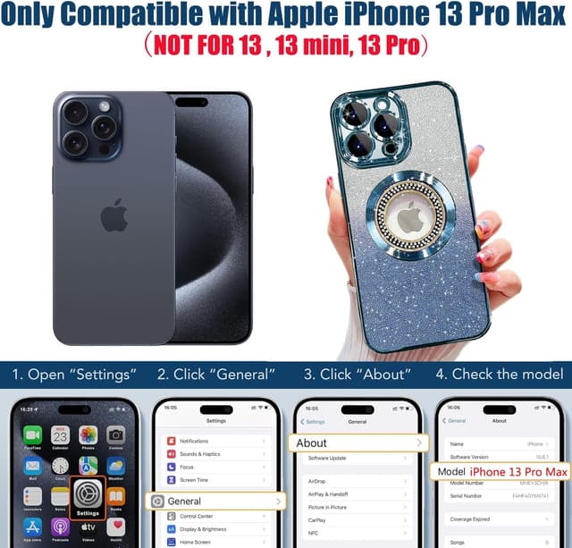 Detalle de Misscase iPhone 13 Pro Max Magnetic Case with MagSafe (Blue Glitter) + Camera Lens Protector