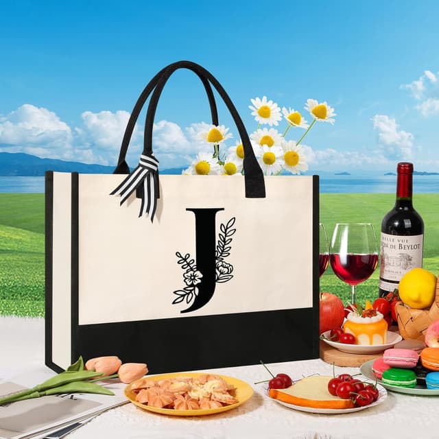Detalle de Personalised Initial Canvas Tote Bag (with Cosmetic Bags) – heavy-duty 100% cotton, reusable everyday carry