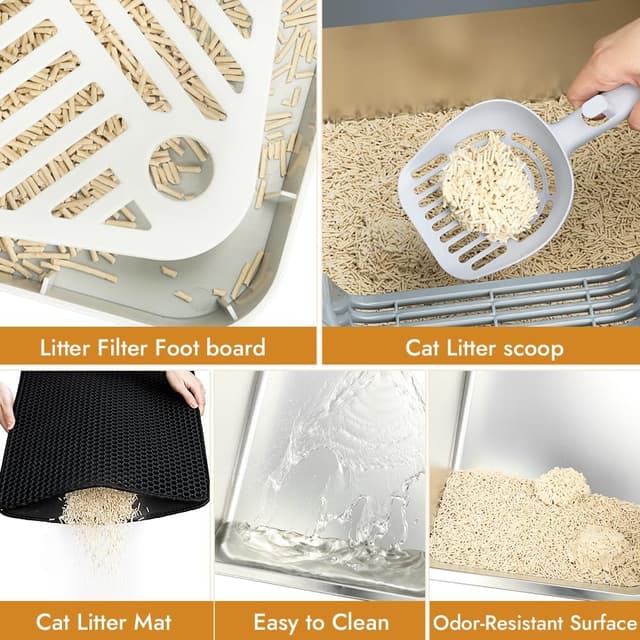 Detalle de Vivifying Katzenklo aus Edelstahl mit Pedal, Schaufel und Matte (grau) – auslaufsicher