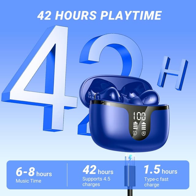 Detalle de Wireless Earbuds Bluetooth 5.3 in-Ear Headphones with 4 ENC Mic, 42h Playtime, IP6 Waterproof and LED Display (USB-C) – Blue
