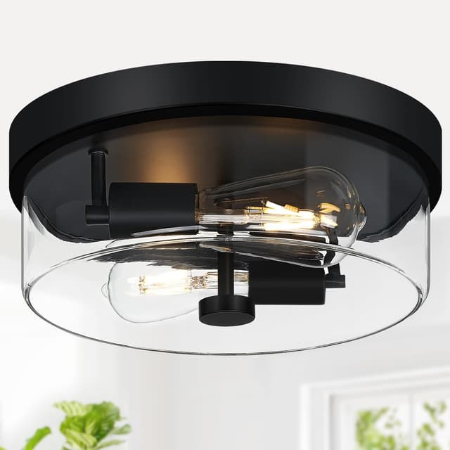 Detalle de szzgco 2-Light Black Flush Mount Ceiling Light with Clear Glass Shade (Farmhouse/Industrial Style)