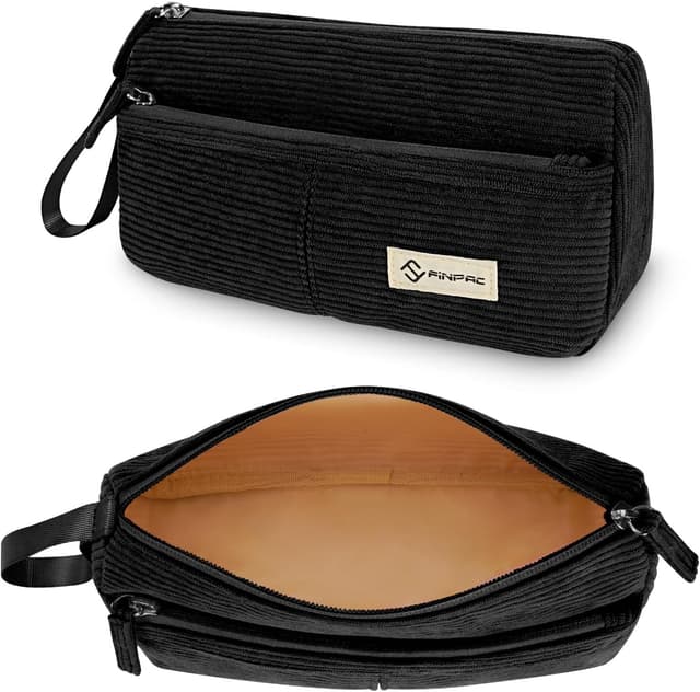 Detalle de FINPAC trousse scolaire en velours côtelé (24 x 7 x 13,5 cm) avec poche zippée et dragonne — noir