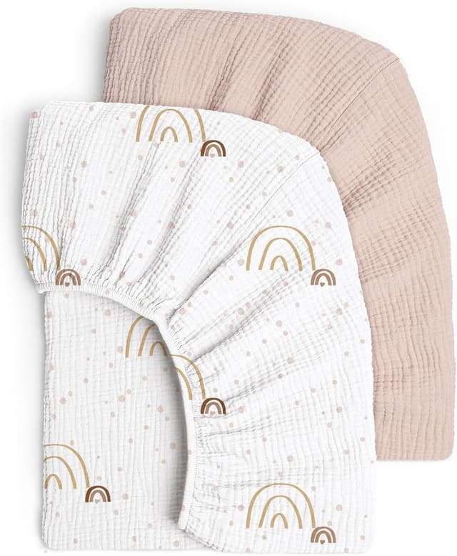 Detalle de lulumoon 2er-Pack Musselin-Spannbettlaken 60x120/70x140 cm aus Oeko-Tex Baumwolle (Regenbogen Rosa)