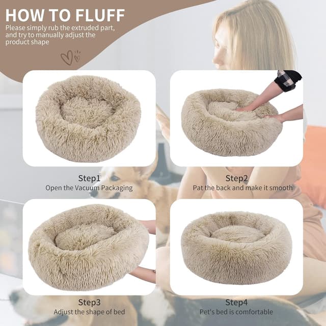 Detalle de BVAGSS Anxiety Dog Bed – Round Plush Donut Bed (40 cm), Light Brown