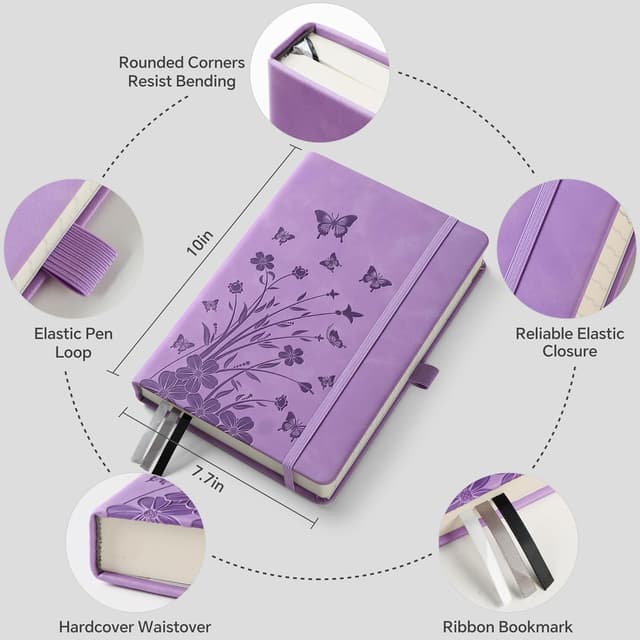 Detalle de HwxBen B5 Lined Hardcover Leather Journal Notebook (365 Pages) – Lavender