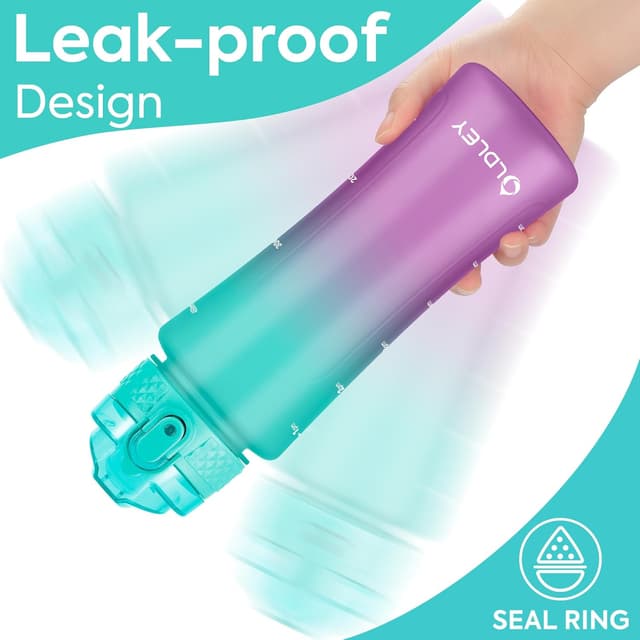 Detalle de Oldley 450ml/15oz kids water bottle with straw lid, time markings and one-touch opening (BPA-free, leakproof)