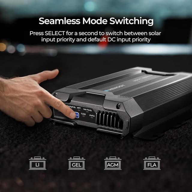 Detalle de Renogy 40A DC-DC Battery Charger with MPPT solar and alternator dual input for flooded, gel, AGM and lithium