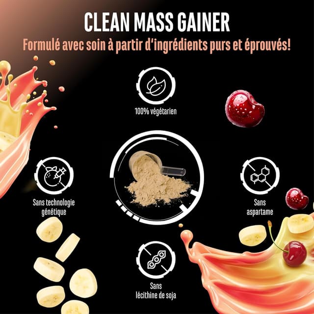 Detalle de GEN German Elite Nutrition Clean Weight Gainer – 3 kg, cherrry & banana, prise de masse (végétarien)