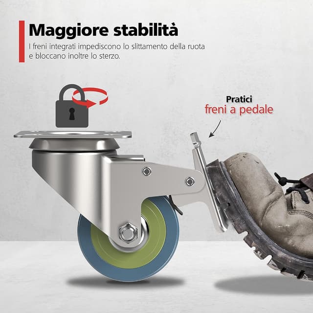 Detalle de Set RAVN HAMAN di 4 ruote per mobili da 50 mm con freno, girevoli fino a 50 kg per ruota