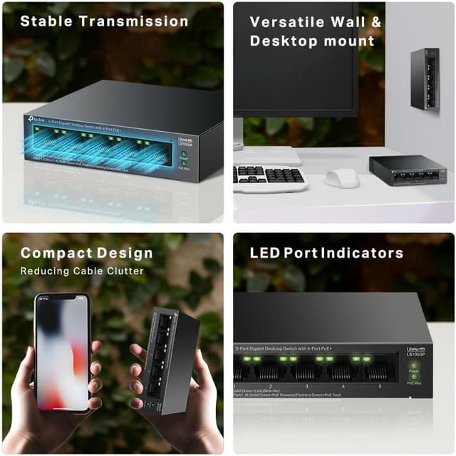 Detalle de TP-Link LS105GP 5-Port Gigabit PoE+ Switch (4x PoE+) with 65W total power budget