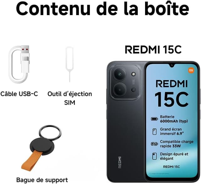 Detalle 1 de Xiaomi Redmi 15C (4+128 Go) : smartphone 6,9" 120 Hz, batterie 6000 mAh et Helio G81-Ultra