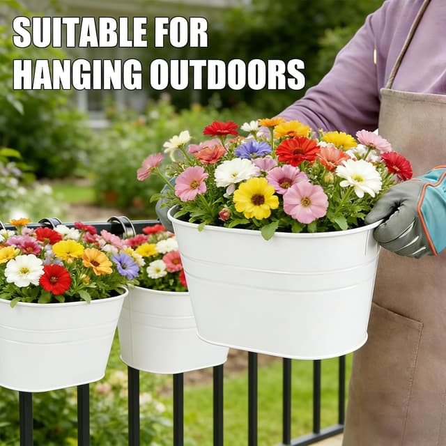 Detalle de RIOGOO set da 4 vasi da fiori in ferro con gancio staccabile (bianco)