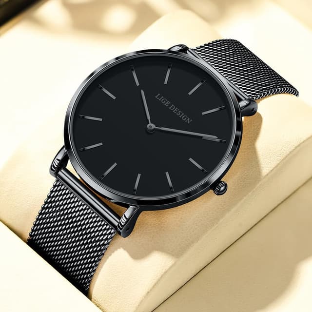 Detalle de LIGE Damen-Armbanduhr Analog Quarz Ultra-Flach (41 mm) mit Edelstahl-Meshband