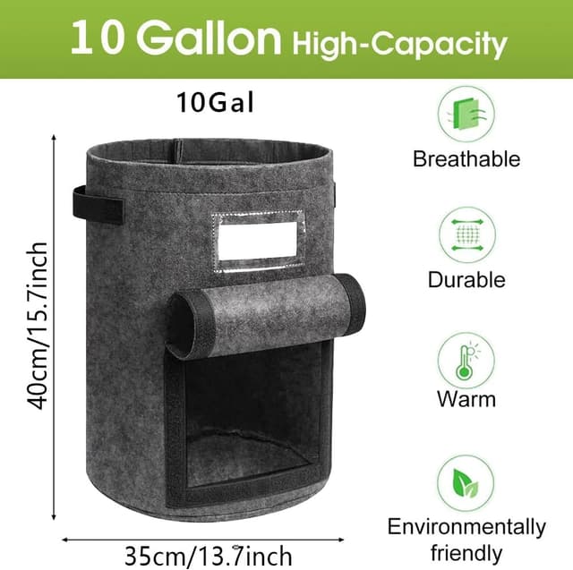 Detalle 2 de Airminti 3er-Set 10 Gallonen Kartoffel-Pflanzsäcke aus Vlies mit Griffen und Sichtfenster