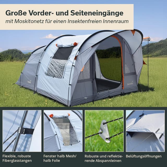 Detalle de Skandika Egersund Tunnelzelt für 3, 5 oder 7 Personen – mit Sleeper Technologie und wasserdichtem Außenzelt