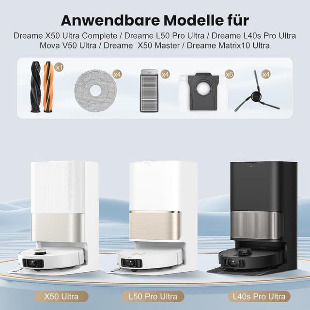 Detalle de 22-teiliges Zubehör-Set für Dreame X50 Ultra, L40s Pro Ultra, L50 Pro Ultra, Mova V50 Ultra & Co. – mit 2 Hauptbürsten, Wischtüchern, HEPA-Filtern