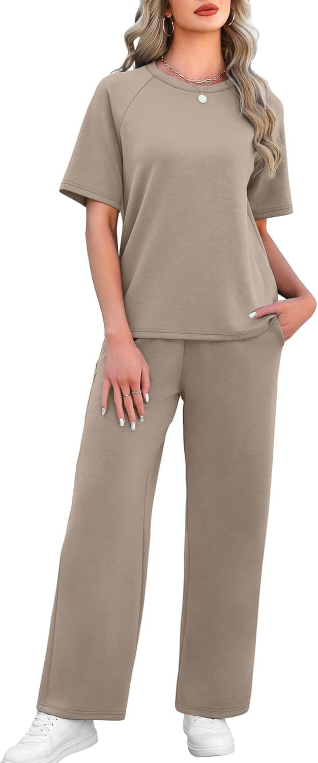 Detalle de WIHOLL 2-Piece Women’s Resort & Travel Lounge Set (Short-Sleeve Top + Wide-Leg Pants)