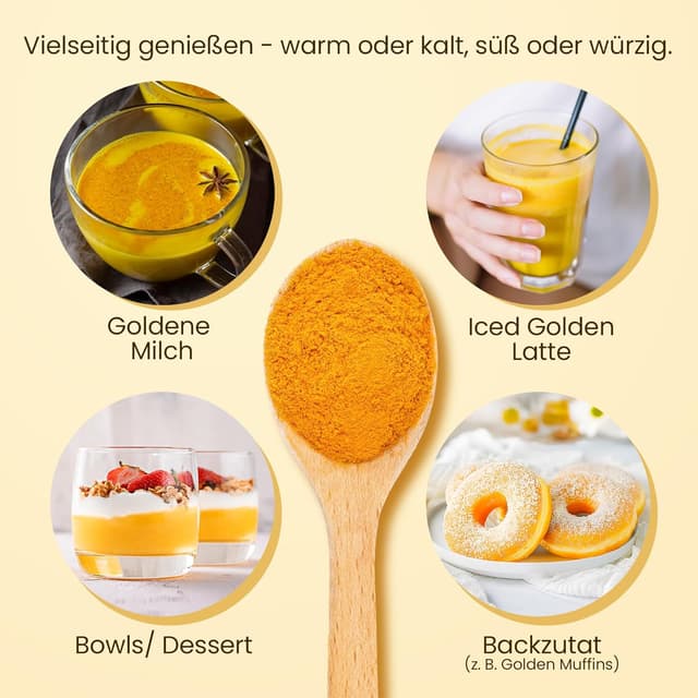 Detalle 2 de He-Ju Bio Goldene Milch Classic – Kurkuma-Latte Pulver mit Lucuma & Prise Pfeffer, zuckerfrei, vegan (150 g)