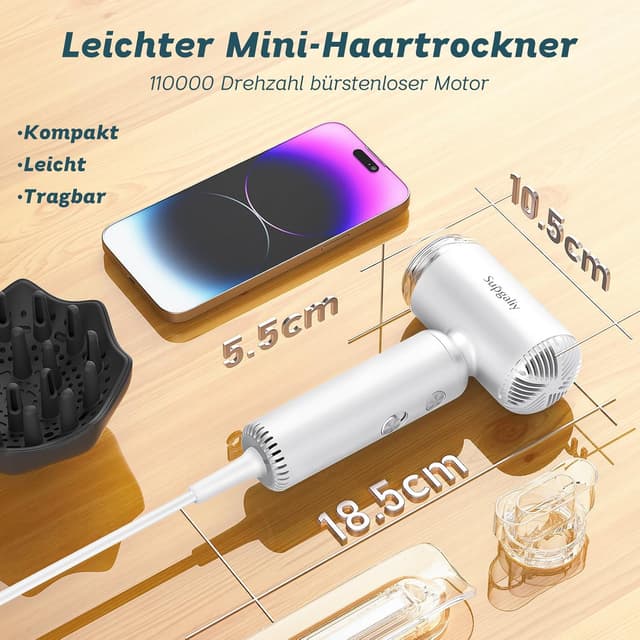 Detalle 2 de Mini Reisefön mit Diffusor 1500W – 110.000 U/min Hochgeschwindigkeitsmotor, 290 g ultra leicht