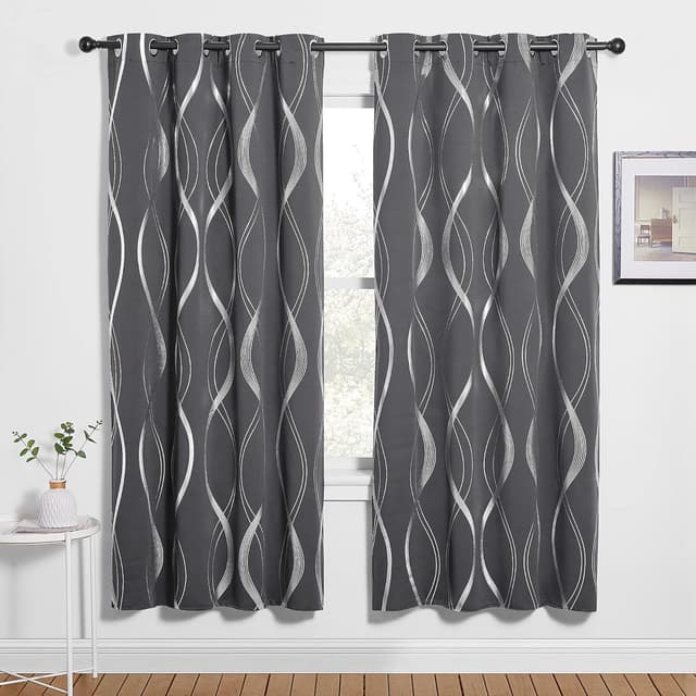 Detalle de PONY DANCE Blackout Curtains (Silver Wave Foil Print) – Grey, 2 Panels, Thermal Insulated Eyelet Ready Made