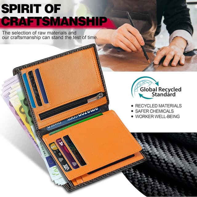 Detalle de TEEHON men’s RFID blocking carbon fibre wallet (bifold, black & orange) with 12 card slots