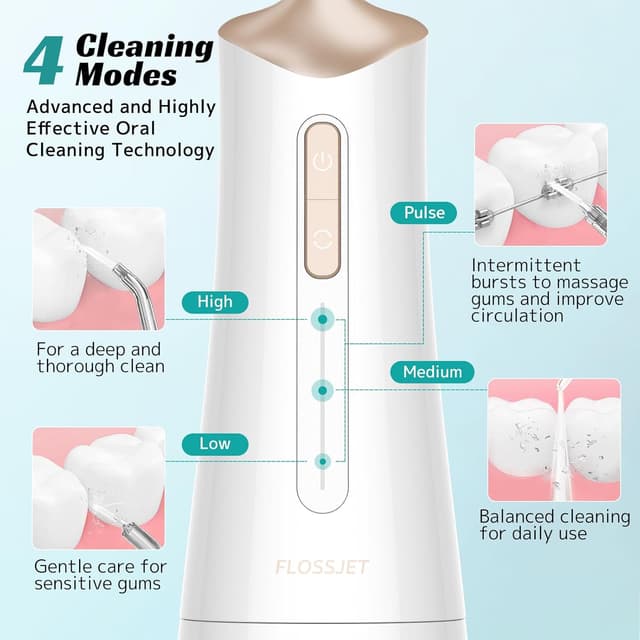 Detalle de FlossJet Jet Dentaire Hydropulseur professionnel sans fil 300 ml, 5 buses et 4 modes (USB-C, IPX7)