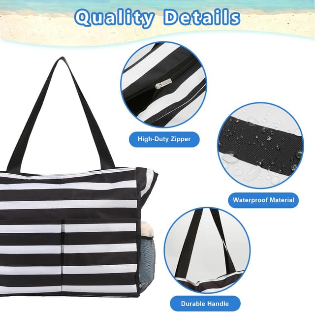 Detalle 2 de TAHAVICE Strandtasche Damen XXL (43 x 38 x 15 cm, 45 L) mit Reißverschluss – wasserdicht & sandfest für Familie, Pool und Reise