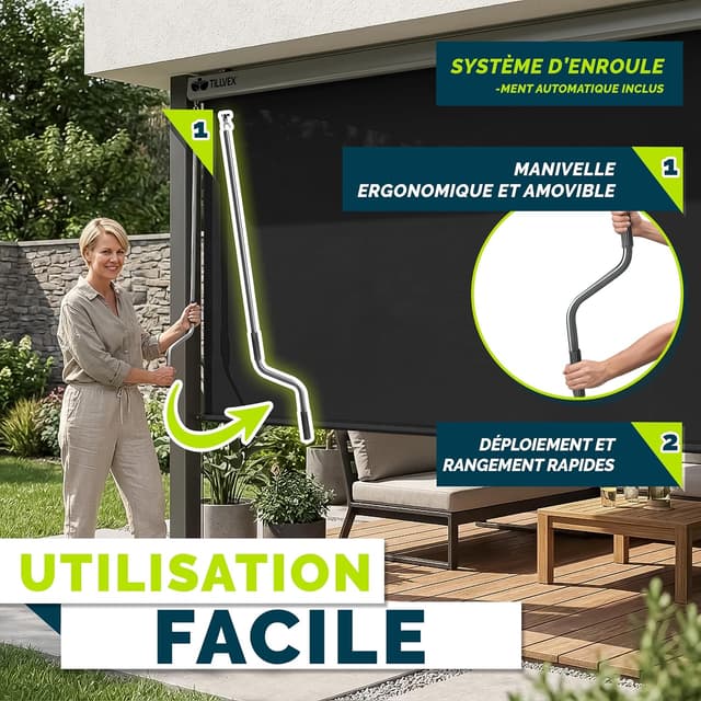 Detalle 1 de tillvex® Store vertical pour extérieur et intérieur 200 x 250 cm avec housse de protection