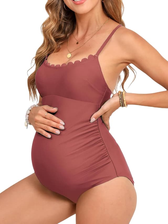 Detalle de CUPSHE maillot de bain une pièce de maternité à encolure dégagée, festonné et laçage croisé dans le dos