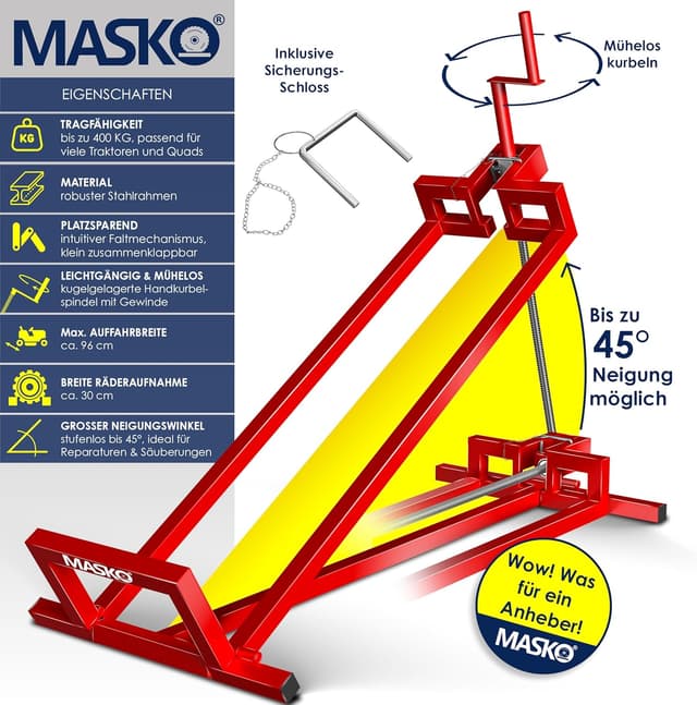 Detalle 2 de MASKO® XXL Rasentraktorheber bis 450 kg – verstellbare Hebevorrichtung mit Neigung und Bürste