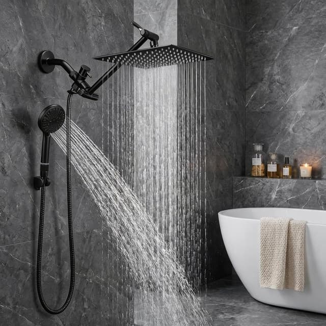Detalle de Tudoccy SHP-HS Shower Head Combo (8" Rainfall + Handheld) in Matte Black with 11" Extension Arm