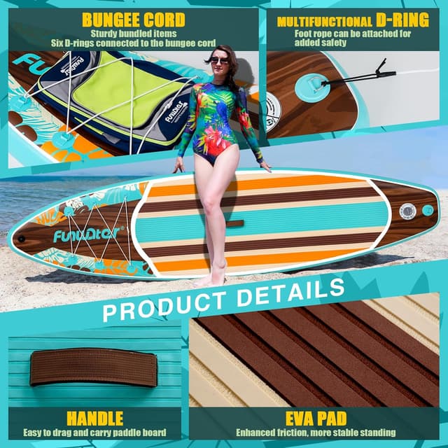 Detalle de FunWater 11' / 10'6" Inflatable Stand Up Paddle Board (with SUP accessories, EVA deck, adjustable paddles)