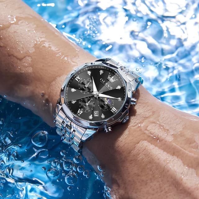 Detalle de OLEVS Herren Uhr Quarz „Luxus Business“ mit Chronograph, Mondphase, Datum und Edelstahlarmband