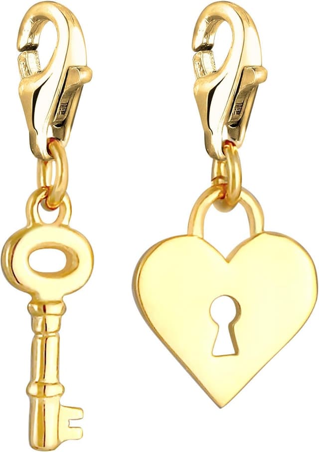 Detalle 2 de Nenalina Schlüssel & Schloss Charm Anhänger aus 925 Sterling Silber vergoldet für Damen (Herz-Schloss, mit Karabiner)