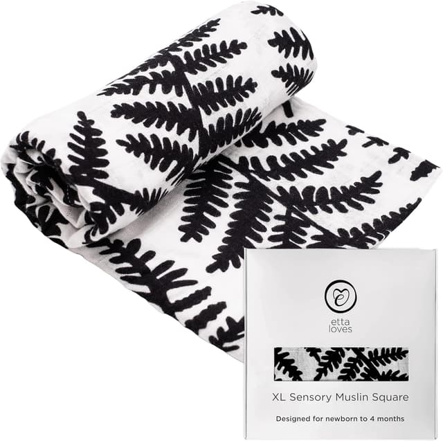 Detalle de Etta Loves Extra Large Fern Print Muslin Cloth (Black & White) – Sensory Muslin Square for Newborns to 4 Months, 1-Pack