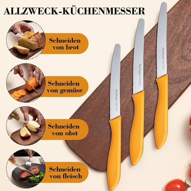 Detalle de Brotmesser-Set mit Wellenschliff (12-teilig) aus Edelstahl, 23 cm Tefalmesser – orange Messerset