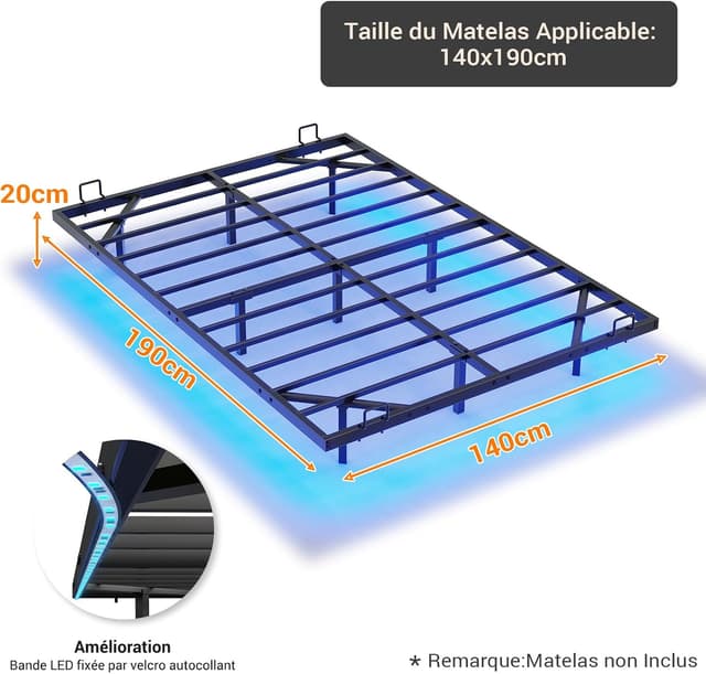 Detalle 2 de DICTAC Lit 140 x 190 avec sommier métal et éclairage LED RVB (sans matelas)