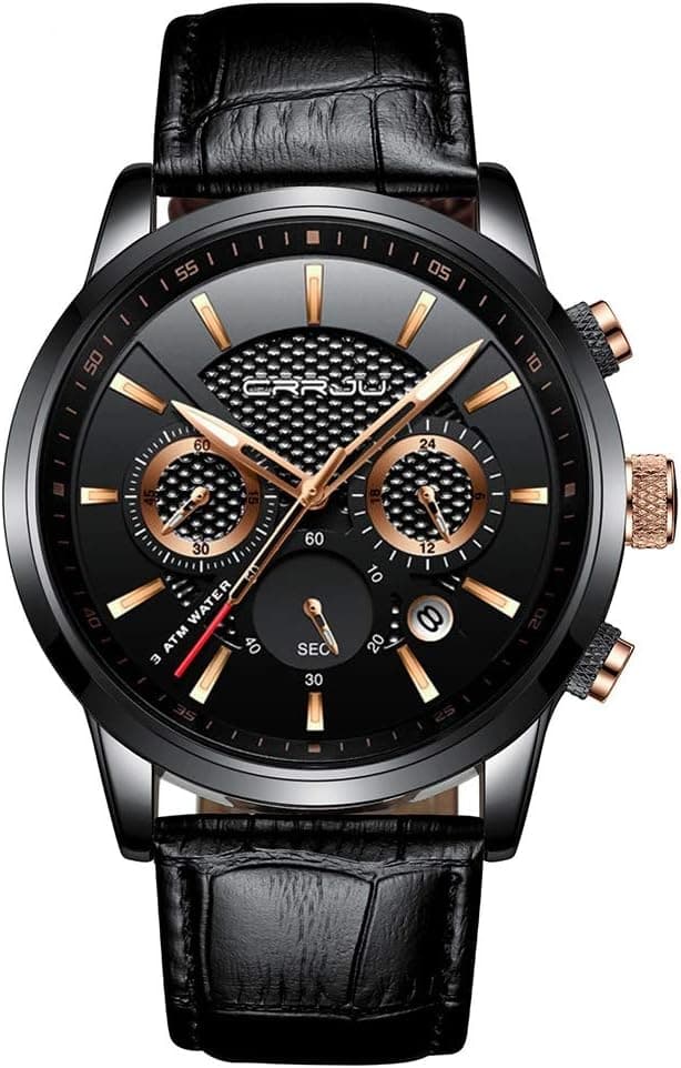 Detalle 2 de CRRJU Herren Chronograph Uhr mit Lederarmband, Analog-Quarz und Datumsanzeige – schwarz
