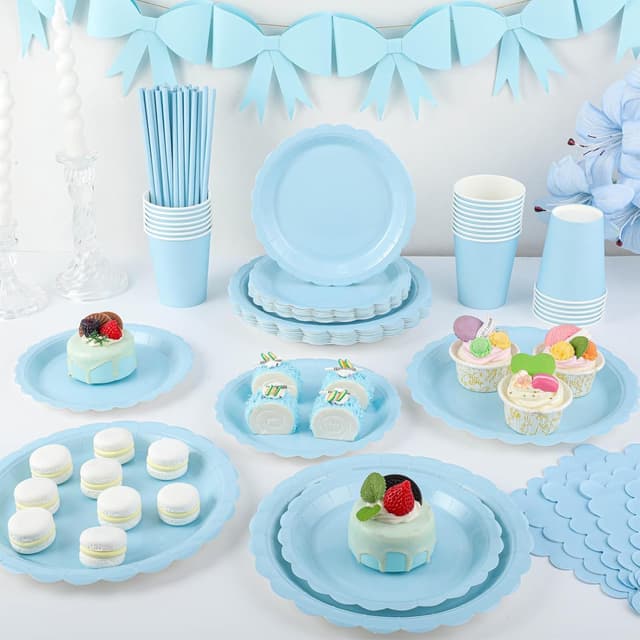 Detalle de NatNarr 125-teiliges Partygeschirr-Set Hellblau für 25 Gäste (Teller, Becher, Servietten & Papierstrohhalme)