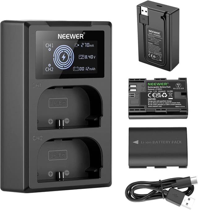 Detalle de NEEWER Ersatzakku- & Ladegerät-Set für LP-E6NH/LP-E6N (2x 2250 mAh) mit Dual-USB-Lader und USB-C-Kabel
