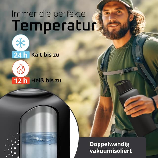 Detalle de BeMaxx ACTIVE FLASK Edelstahl-Trinkflasche mit Strohhalm & 3 Deckeln, BPA-frei, auslaufsicher