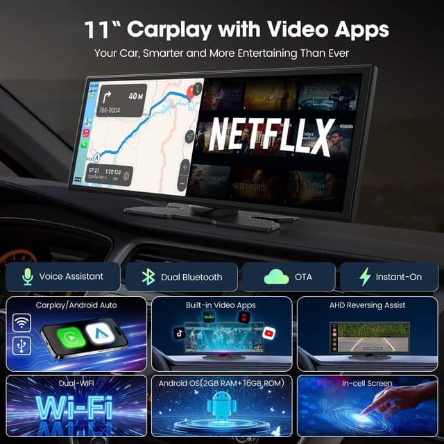 Detalle 2 de LAMTTO Upgraded 11" Wireless CarPlay Screen with Backup Camera