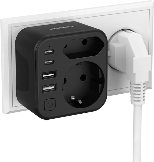 Detalle de JSVER Steckdosenleiste mit USB (2× Schuko/Europa, 2× USB-A & 2× USB-C, 3680 W/16 A) mit Schalter – schwarz
