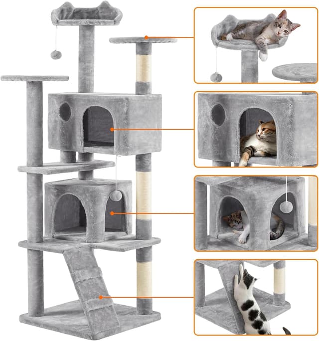 Detalle 2 de Yaheetech Large Cat Tree (178cm) with 2 Condos, Perched Platform and Scratching Posts – Light Grey