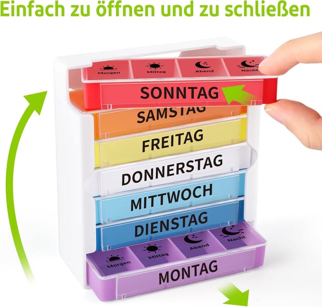 Detalle de Opret Tablettenbox für 7 Tage mit 4 Fächern (Morgens, Mittags, Abends, Nachts) – schiebbar & BPA-frei