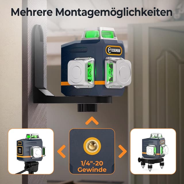 Thumbnail 6 de CIGMAN Kreuzlinienlaser CM-701 (3x360° Grün) mit Selbstnivellierung, Fernbedienung und USB-Laden
