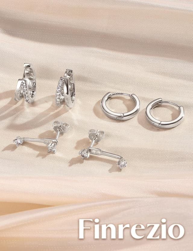 Thumbnail 6 de Finrezio 3 Paar Ohrringe aus Silber 925 für Damen – Creolen, Huggie und Ohrstecker (hypoallergen)