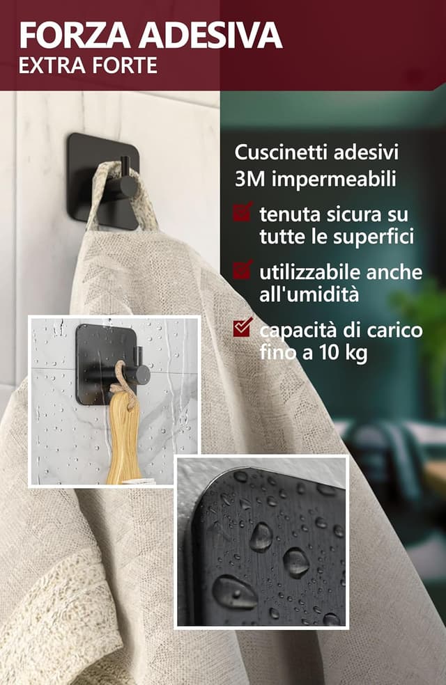 Detalle de 4smile ganci adesivi bagno set da 4 nero per asciugamani e accappatoi, senza foratura