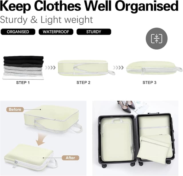 Detalle de Compression Packing Cubes (Beige) – 5 Pack waterproof suitcase & backpack organiser set