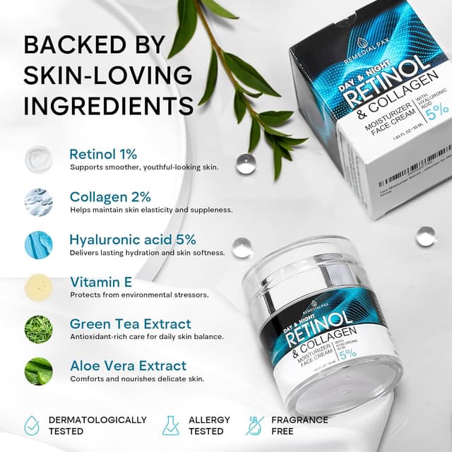 Detalle de Retinol Face Moisturizer Cream for Face & Neck with 1% Retinol and Hyaluronic Acid (Day & Night), 1.85 fl oz